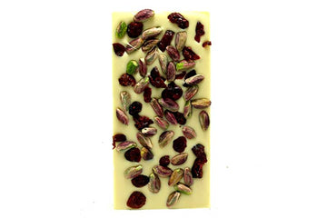 Pistachios and Cranberries in White Belgian chocolate.